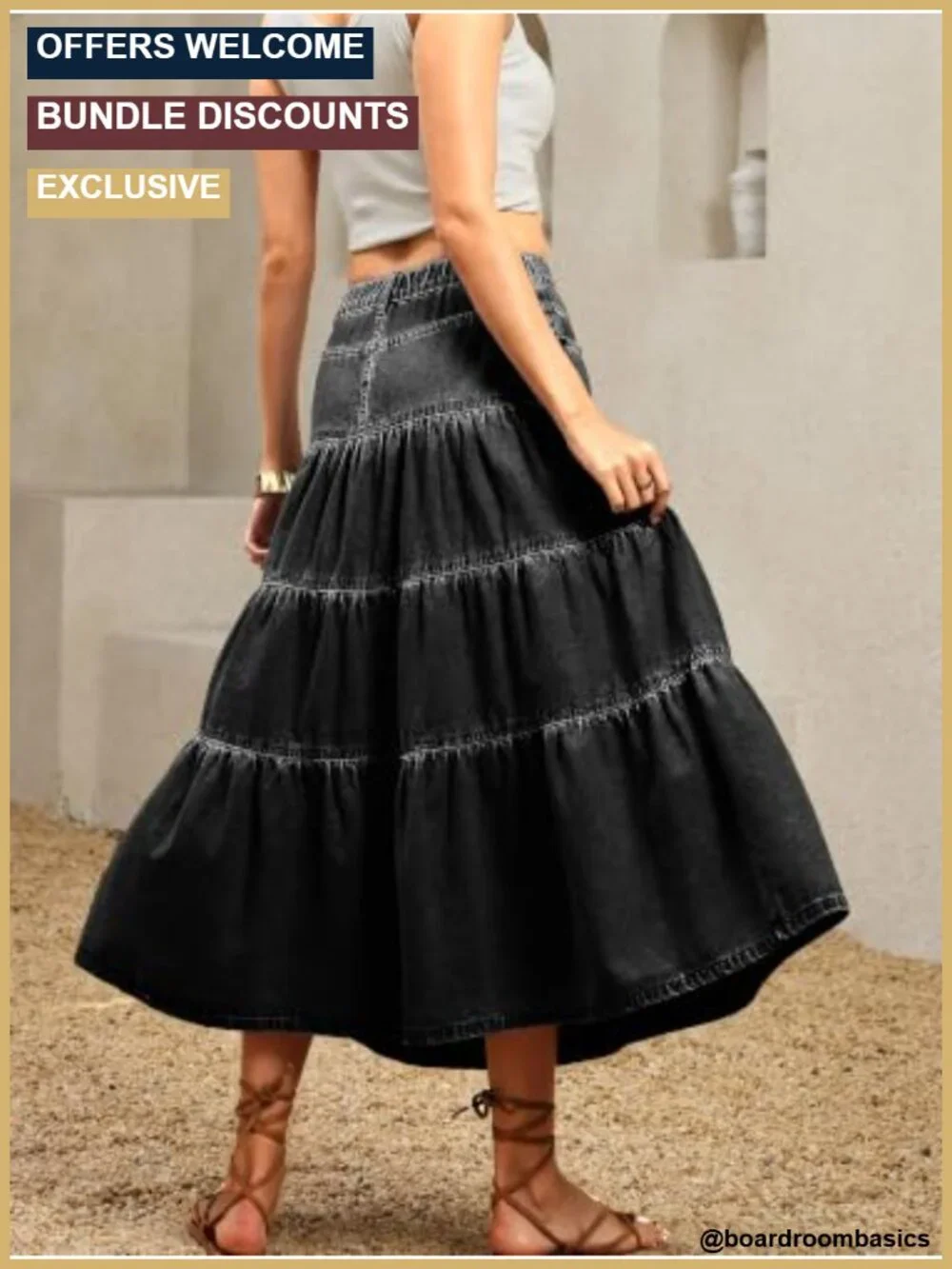 Tiered A-Line Denim Maxi Skirt - High Waist Button Front Flowy Boho Ruffle